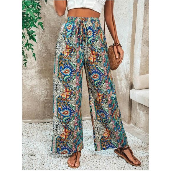 Boho Paisley Print Wide Leg Pants - Picture 1 of 6